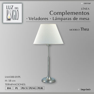 velador thea acero c/pantalla Conica Lienzo Blanco acero Luz del Siglo