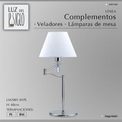 lampara de mesa con movi c/pantalla acero cuer Cilindrica Lienzo blanco cromo/cuero Luz del Siglo