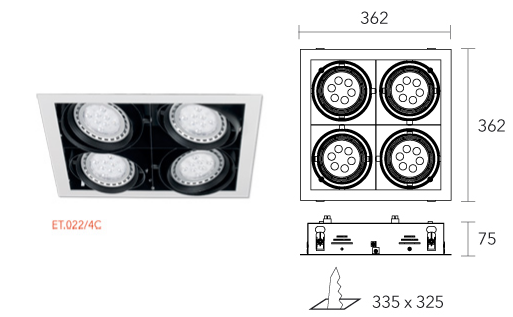 Embutido Kardanico AR111 4 luces Cuadrado lucciola