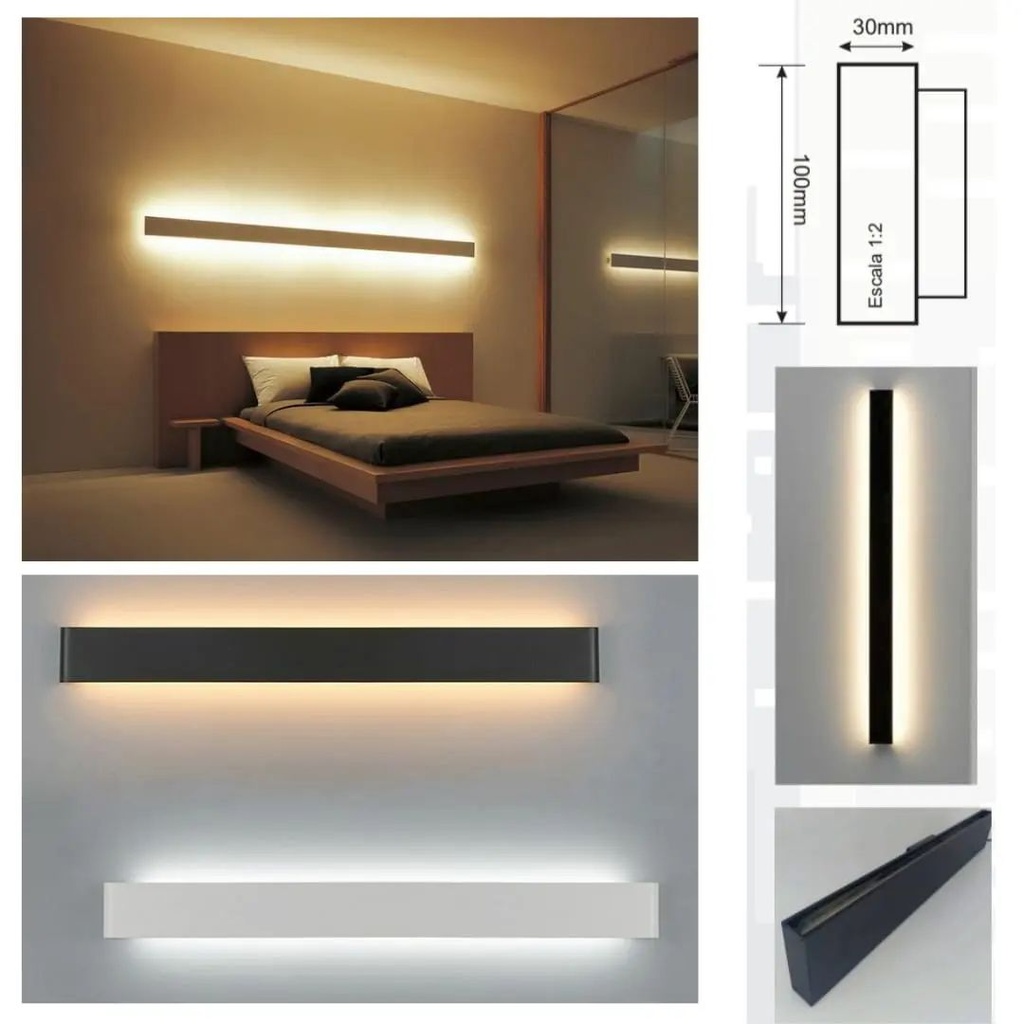 Aplique de pared cabecera de cama bidireccional 17cm 4,5cm ( Watts) - Negro luz neutra- Pr Electronica