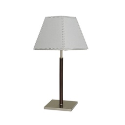 [VE0132-01TLB-56-cromo/cuero] velador base cuadrada c/pantalla trapezoide acero cromo/cuero Luz del Siglo